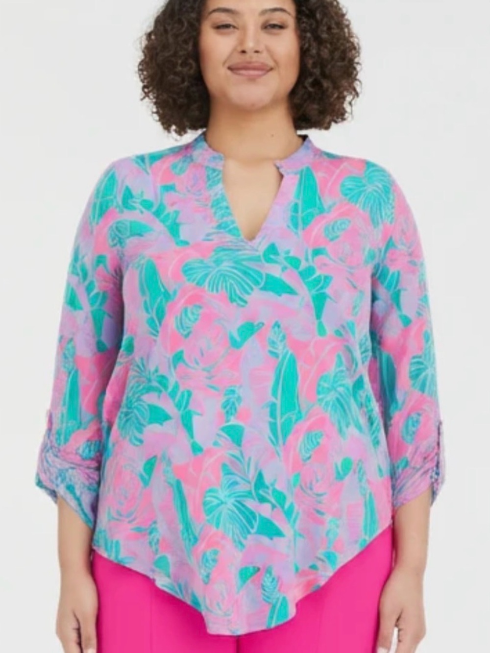 Women's Pink & Teal Floral V-Neck Tunic Top - Picture 1 of 1